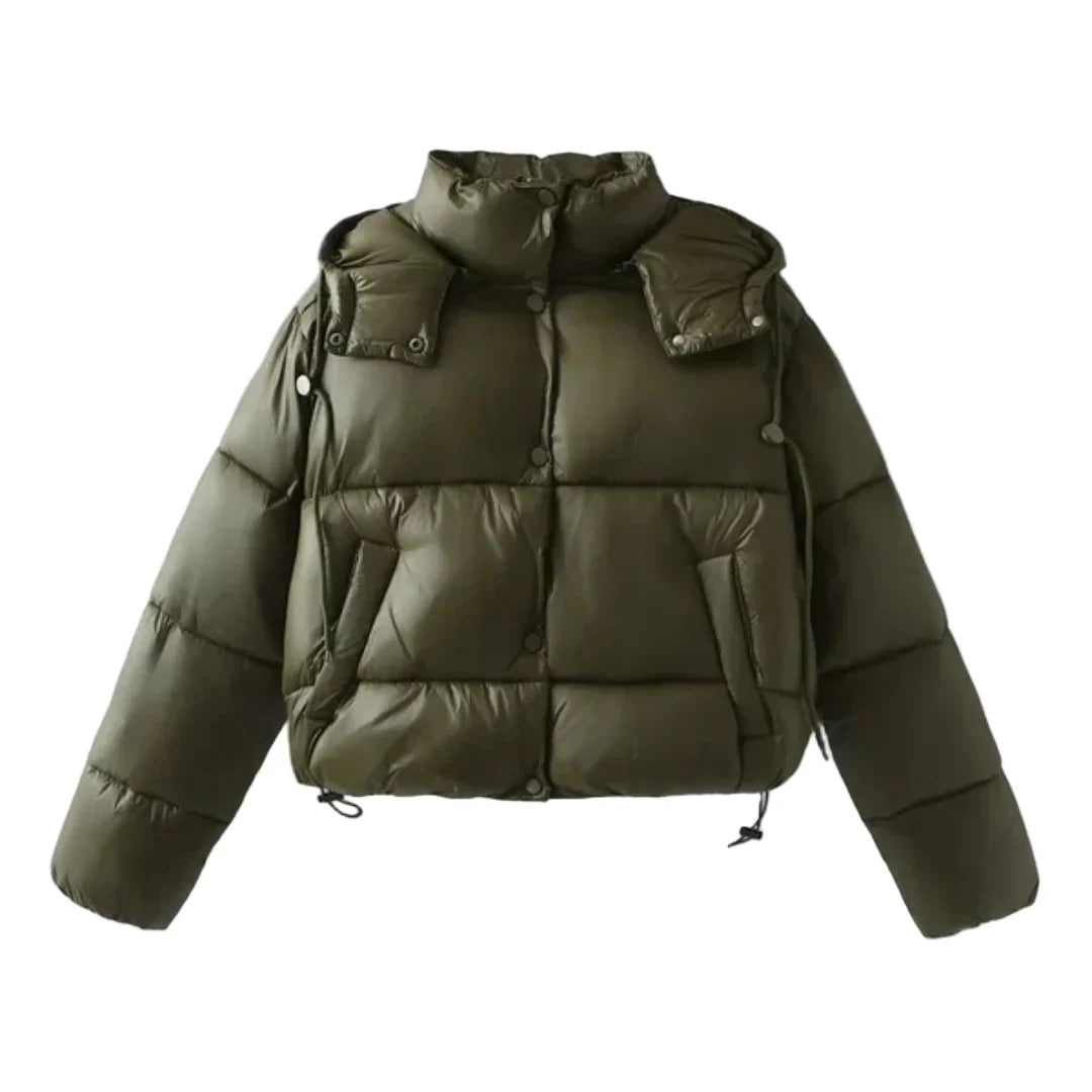 Women's cropped quilted puffer jacket with high collar and long sleeves