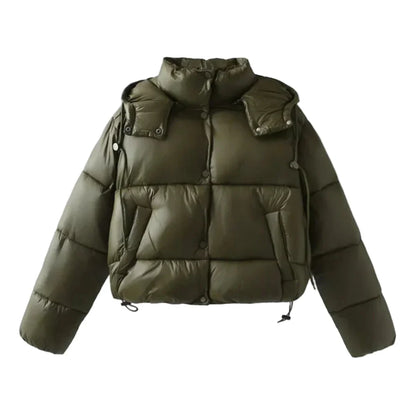 Women's cropped quilted puffer jacket with high collar and long sleeves