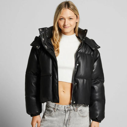 Women's cropped quilted puffer jacket with high collar and long sleeves