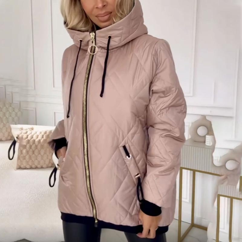 Women's diamond quilted hooded jacket with high collar and zip front