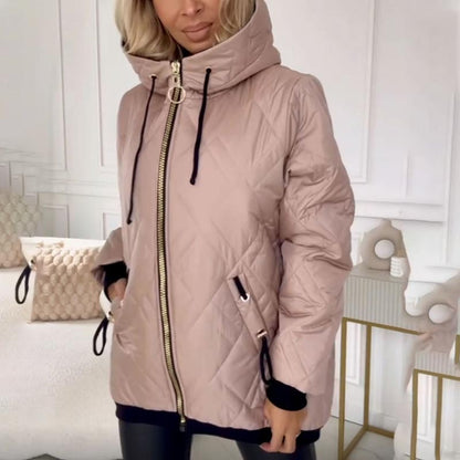 Women's diamond quilted hooded jacket with high collar and zip front