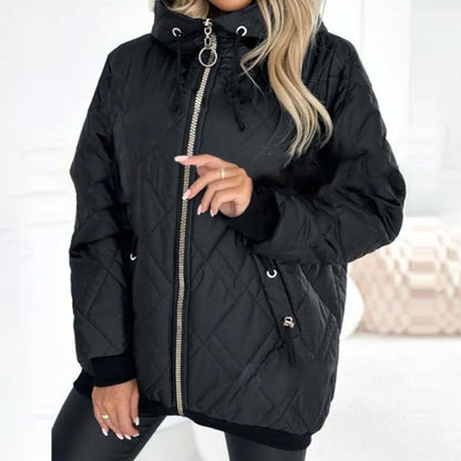 Women's diamond quilted hooded jacket with high collar and zip front