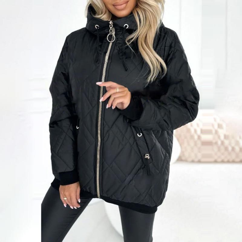Women's diamond quilted hooded jacket with high collar and zip front