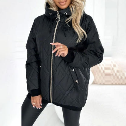 Women's diamond quilted hooded jacket with high collar and zip front