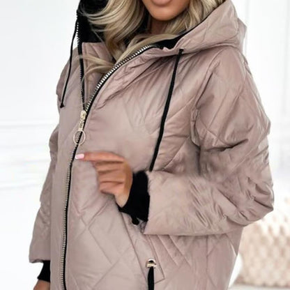Women's diamond quilted hooded jacket with high collar and zip front