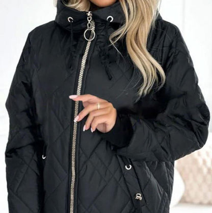 Women's diamond quilted hooded jacket with high collar and zip front