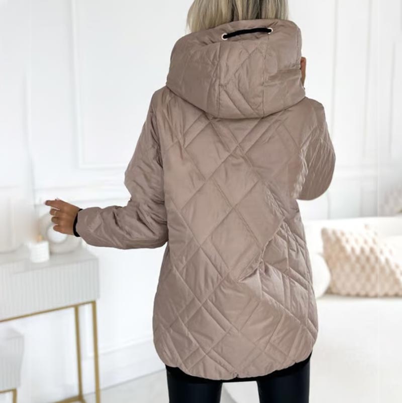 Women's diamond quilted hooded jacket with high collar and zip front