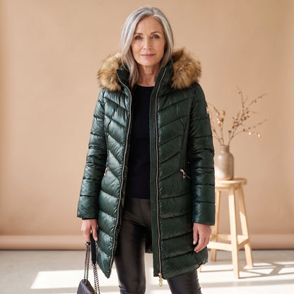 Women's longline quilted puffer coat with hood and faux fur trim