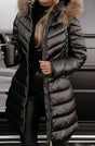 Women's longline quilted puffer coat with hood and faux fur trim