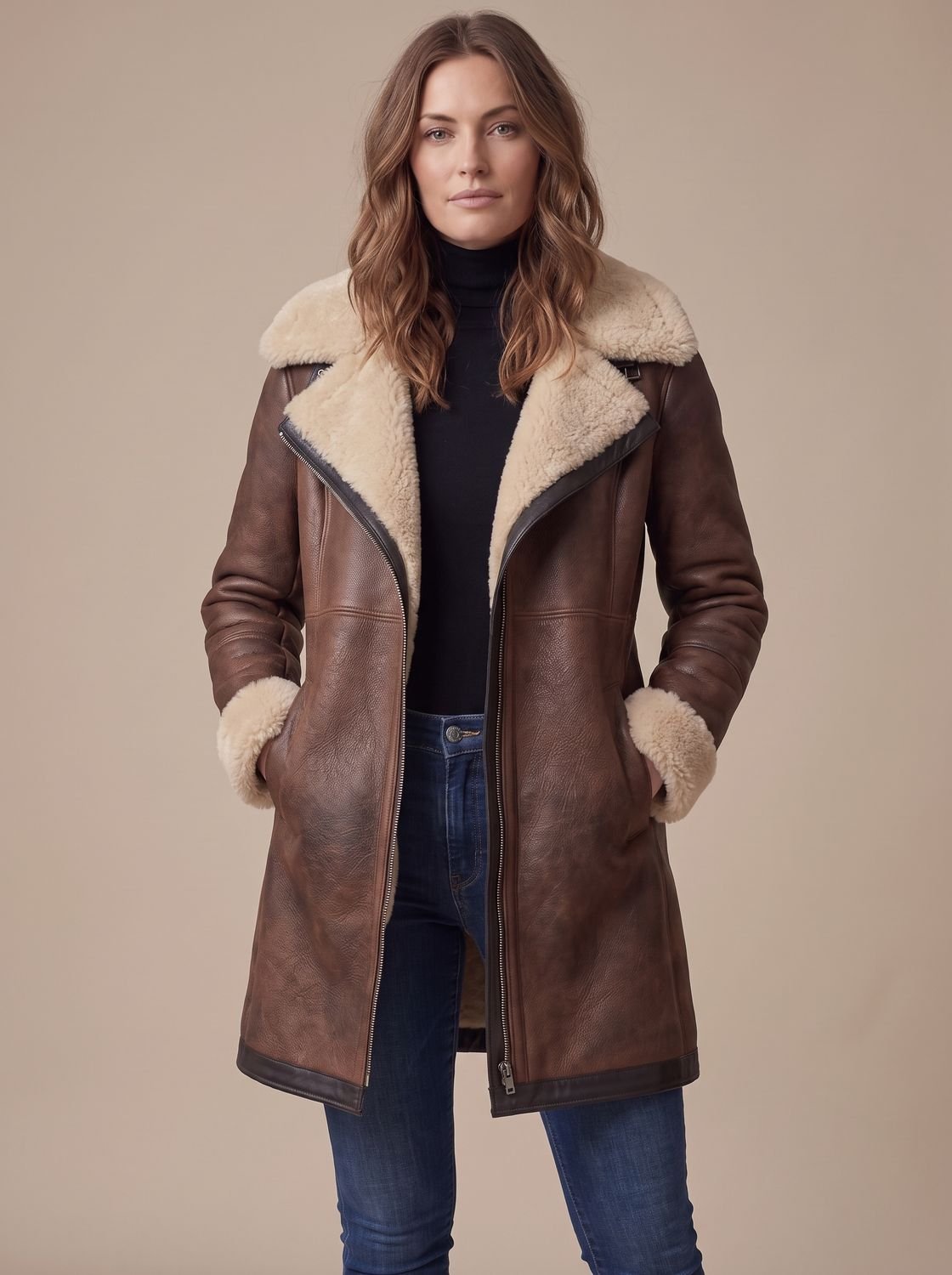 Women's long coat with shearling-style collar and cuff trims