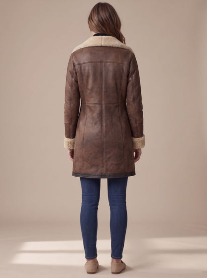 Women's long coat with shearling-style collar and cuff trims