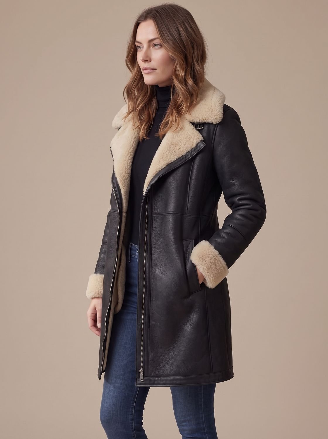 Women's long coat with shearling-style collar and cuff trims