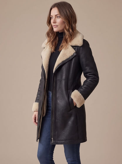 Women's long coat with shearling-style collar and cuff trims