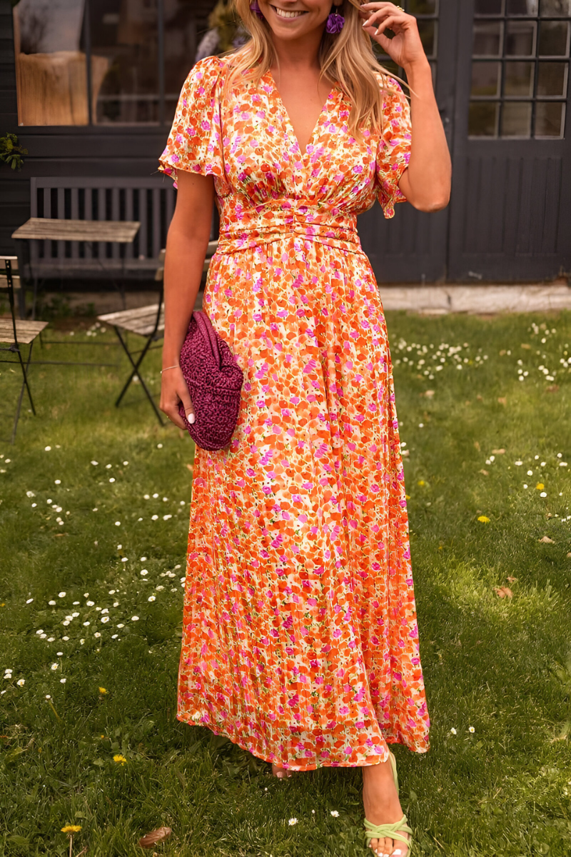 Women's Floral Maxi Dress — V-Neck Flutter-Sleeve Ruched-Waist Wedding Guest Dress