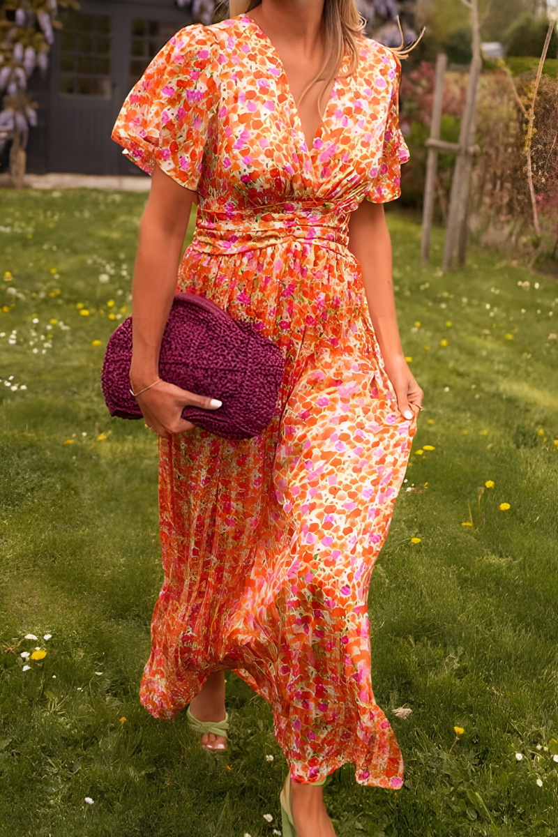 Women's Floral Maxi Dress — V-Neck Flutter-Sleeve Ruched-Waist Wedding Guest Dress