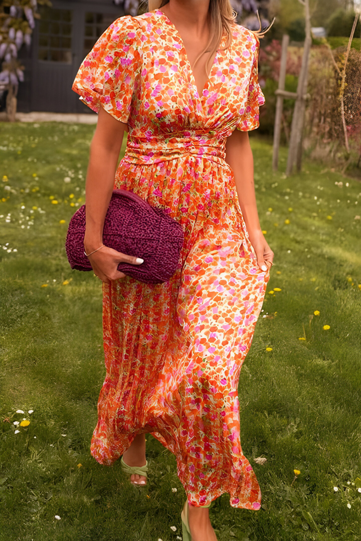 Women's Floral Maxi Dress — V-Neck Flutter-Sleeve Ruched-Waist Wedding Guest Dress
