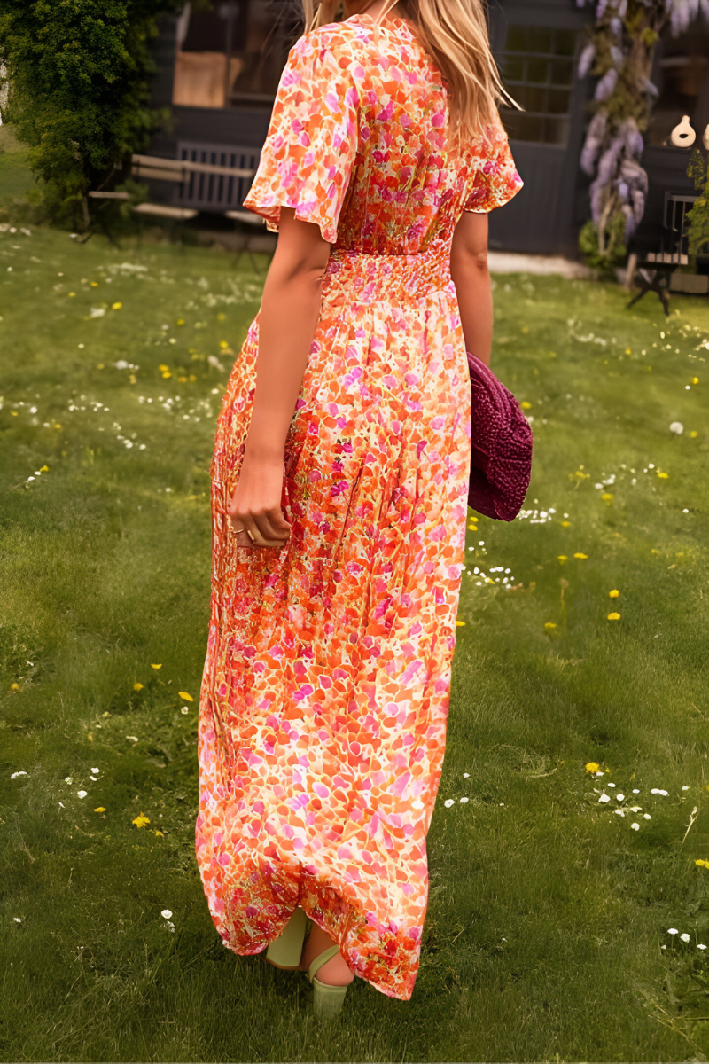 Women's Floral Maxi Dress — V-Neck Flutter-Sleeve Ruched-Waist Wedding Guest Dress