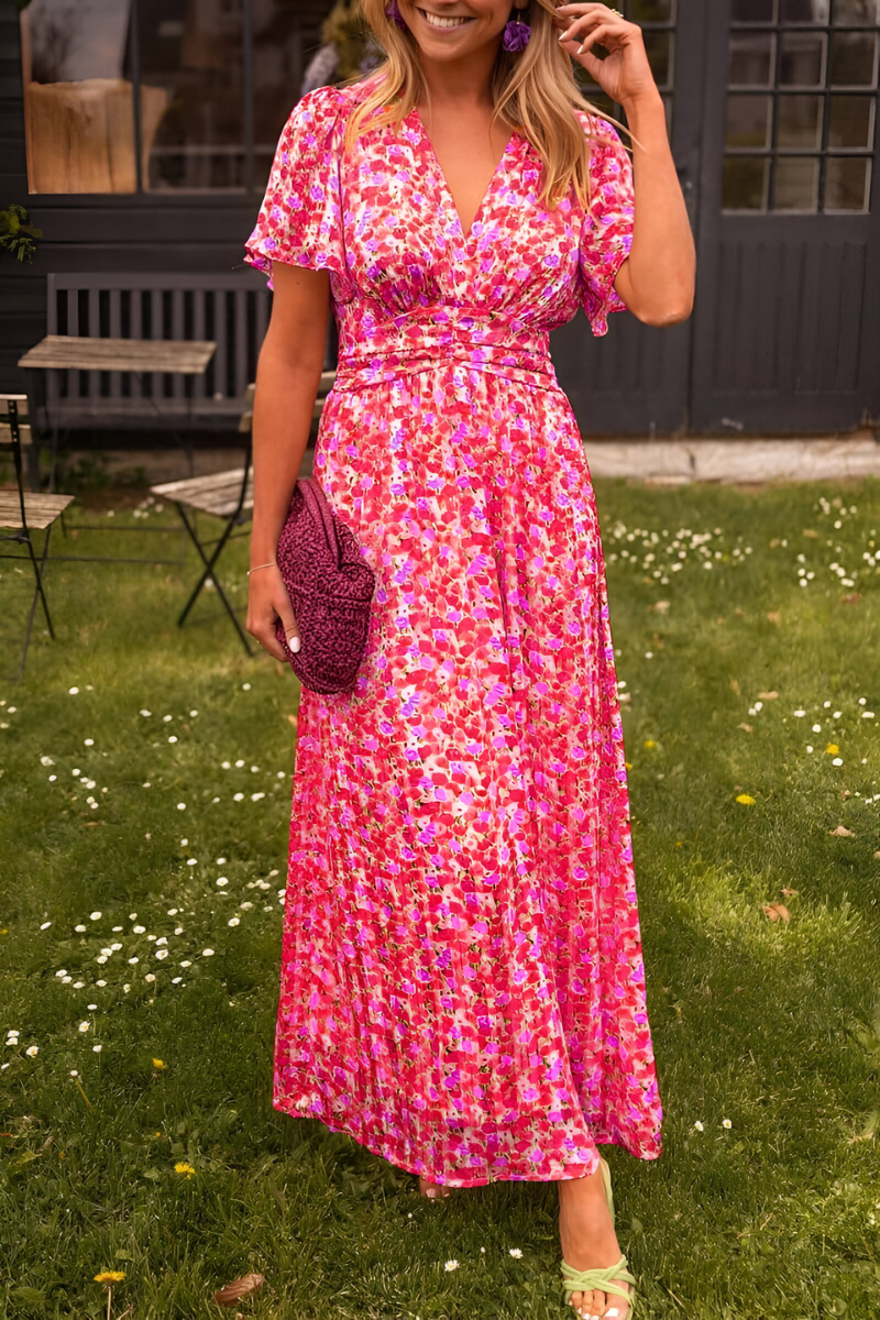 Women's Floral Maxi Dress — V-Neck Flutter-Sleeve Ruched-Waist Wedding Guest Dress