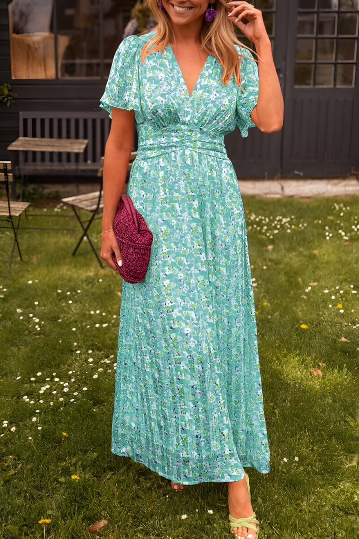 Women's Floral Maxi Dress — V-Neck Flutter-Sleeve Ruched-Waist Wedding Guest Dress