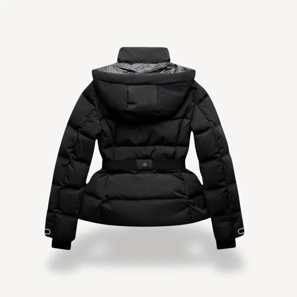 Women's black hooded quilted puffer jacket with belt