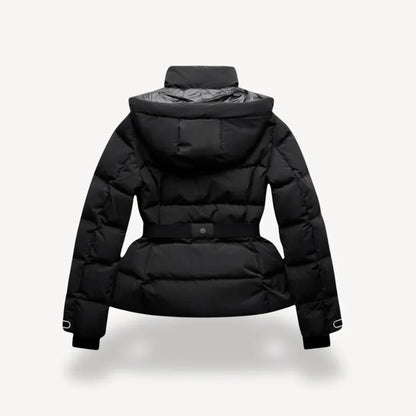 Women's black hooded quilted puffer jacket with belt