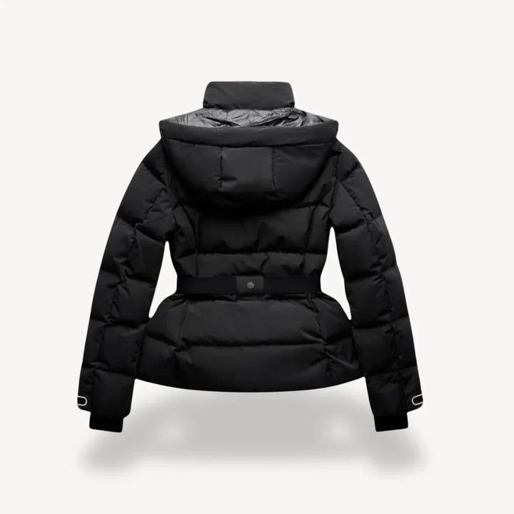 Women's black hooded quilted puffer jacket with belt
