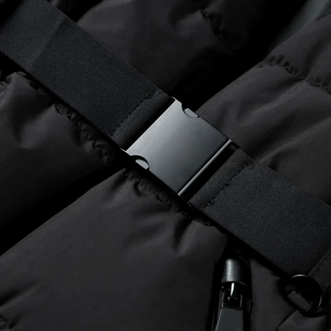 Women's black hooded quilted puffer jacket with belt