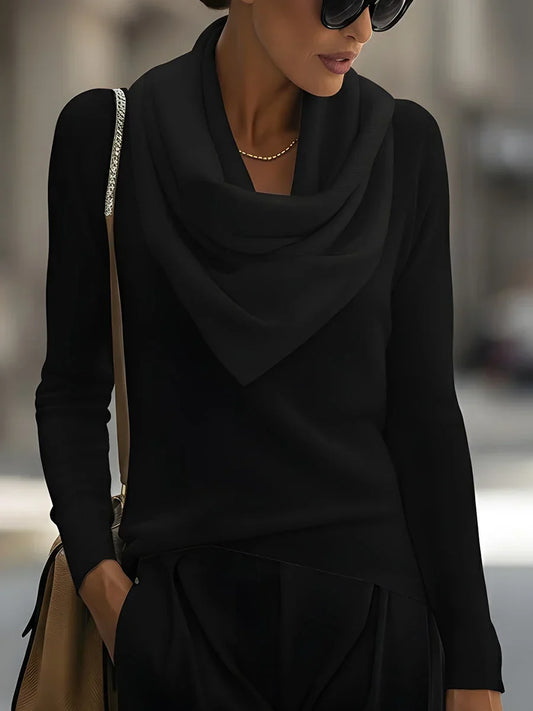 Women's knitted sweater with draped cowl neckline and long sleeves
