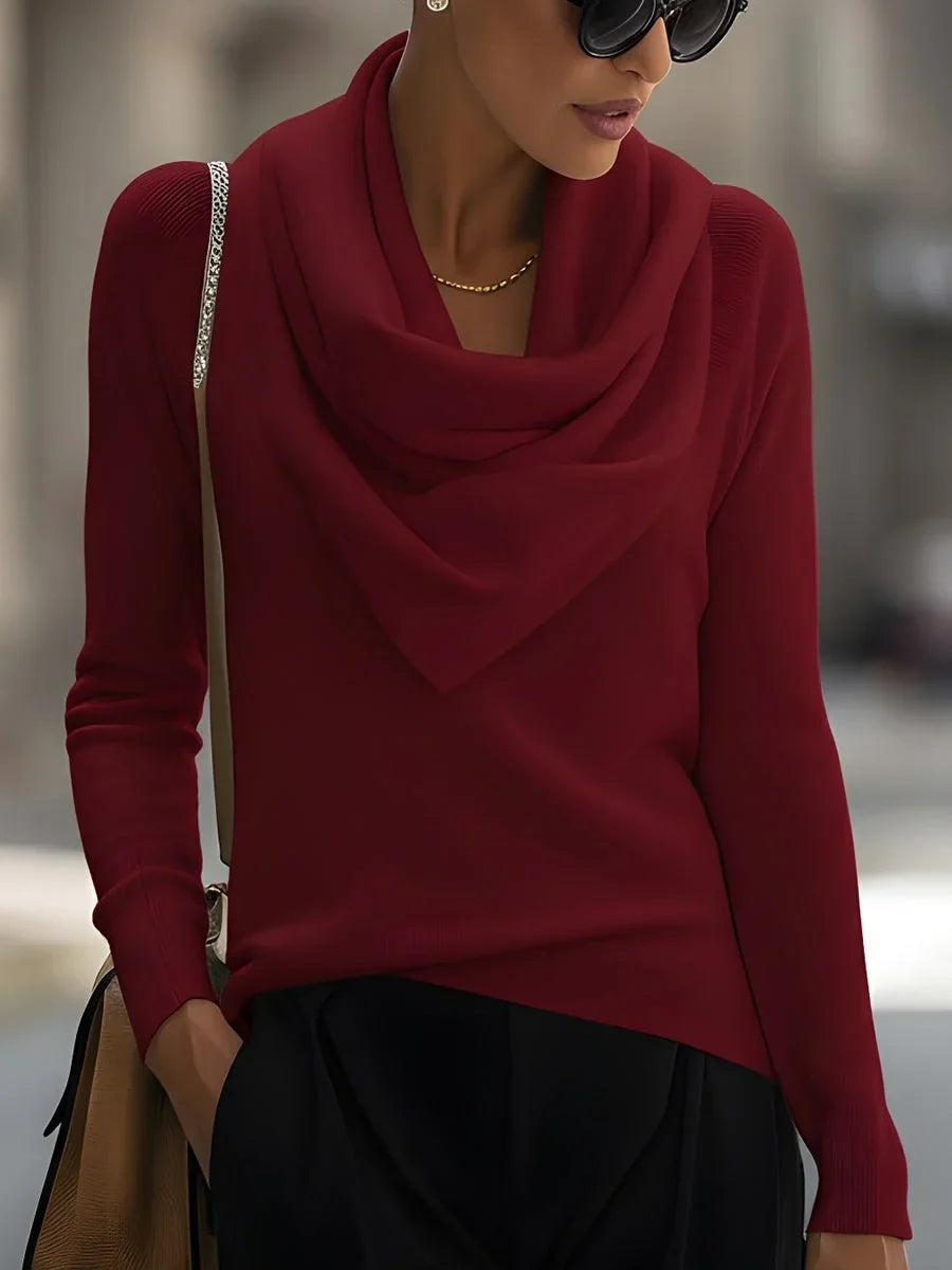 Women's knitted sweater with draped cowl neckline and long sleeves