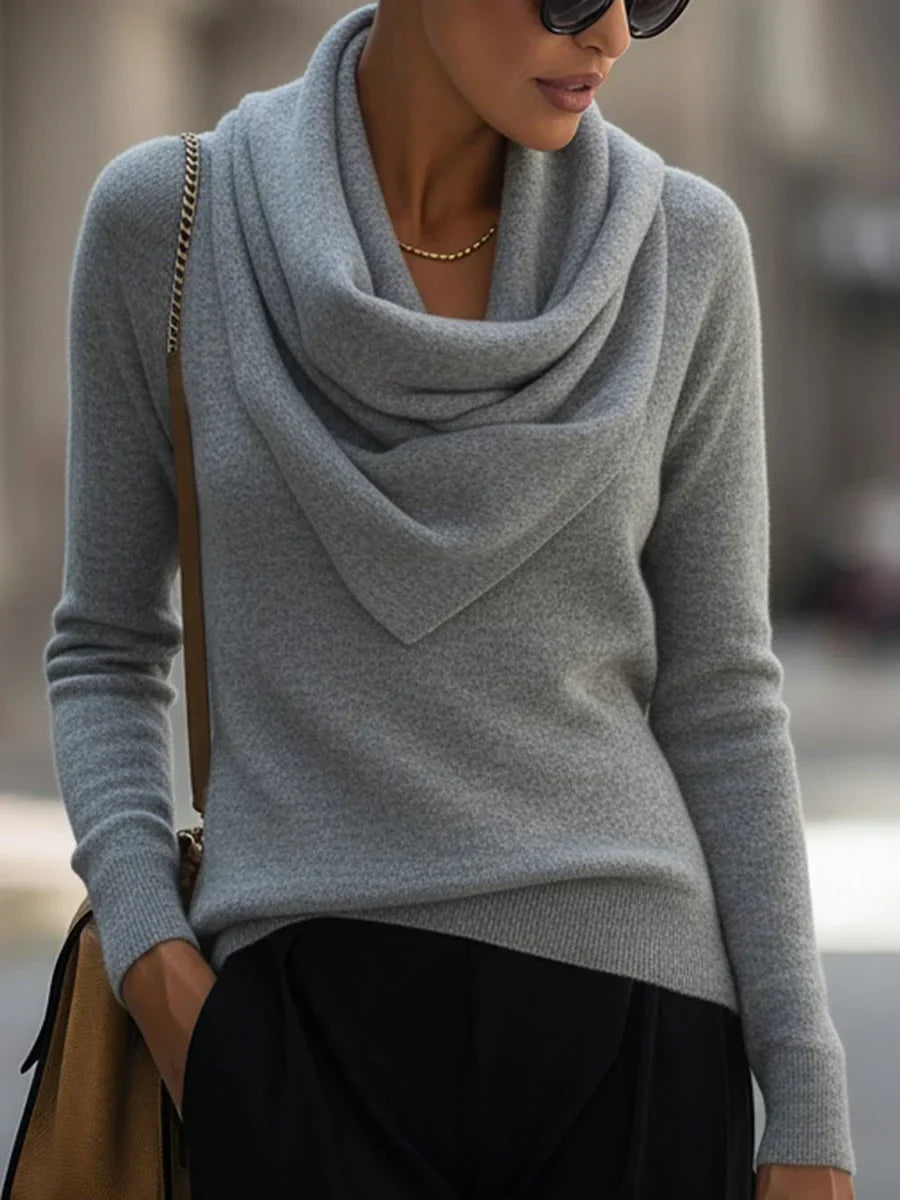 Women's knitted sweater with draped cowl neckline and long sleeves