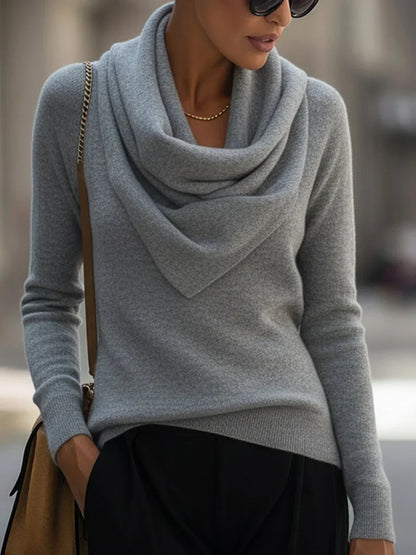 Women's knitted sweater with draped cowl neckline and long sleeves