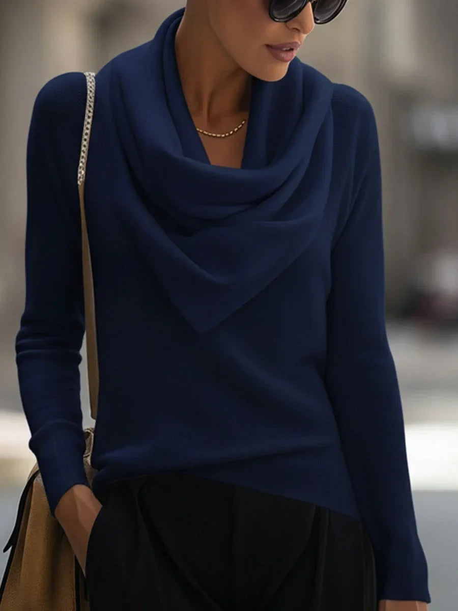 Women's knitted sweater with draped cowl neckline and long sleeves