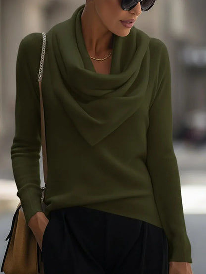 Women's knitted sweater with draped cowl neckline and long sleeves