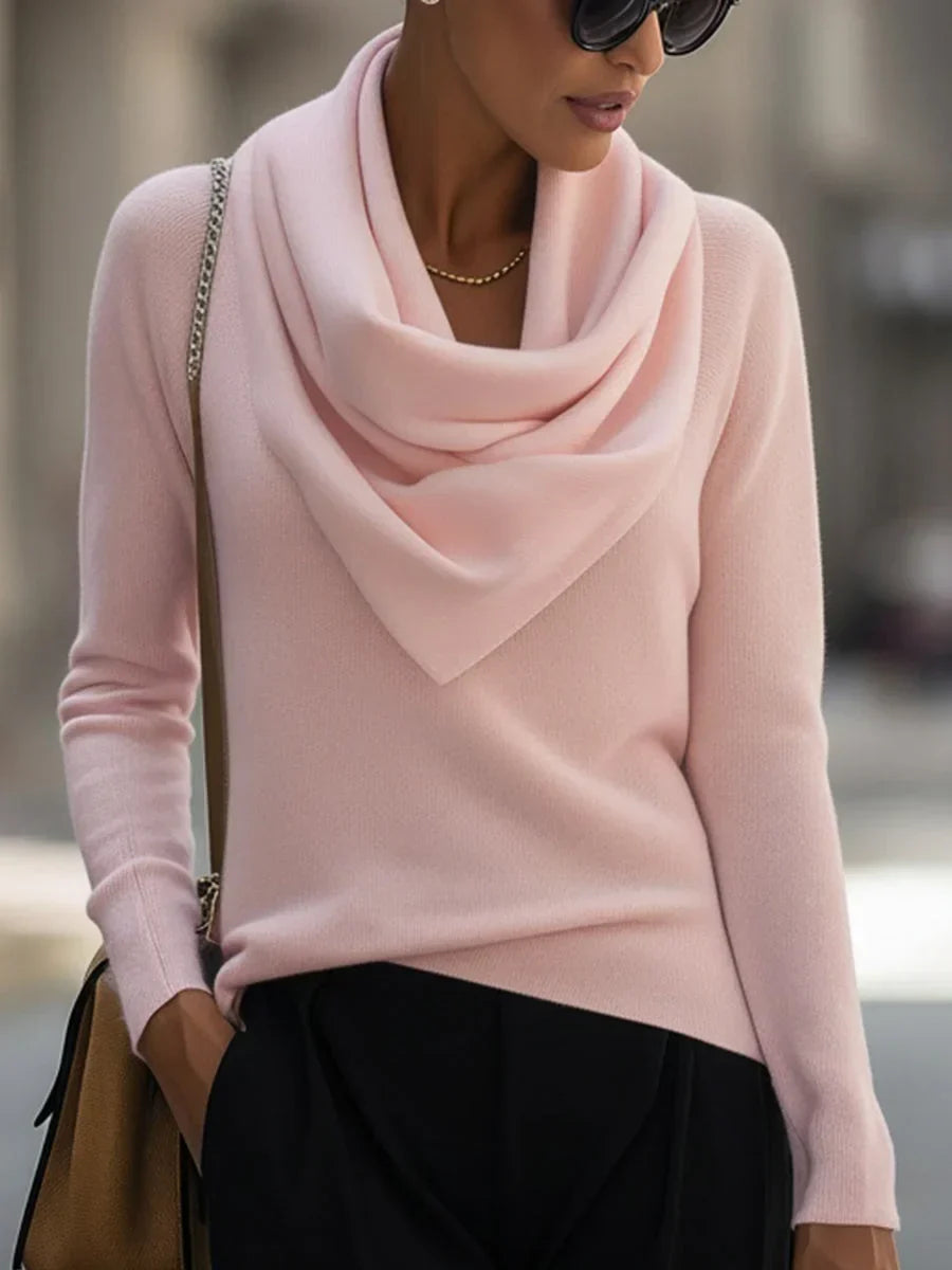 Women's knitted sweater with draped cowl neckline and long sleeves