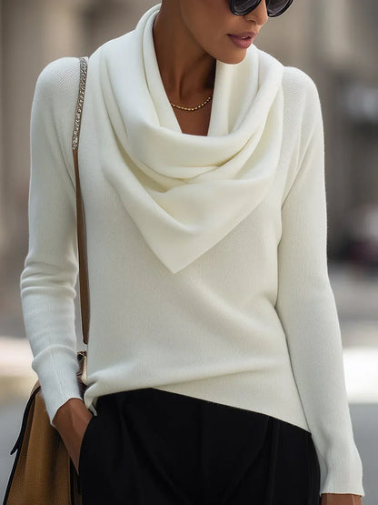 Women's knitted sweater with draped cowl neckline and long sleeves