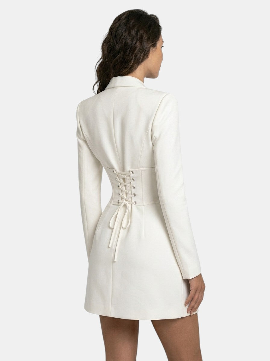 Women's blazer-style mini dress with long sleeves and lace corset waist panel