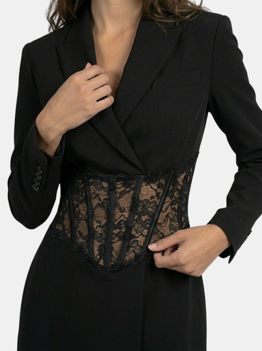 Women's blazer-style mini dress with long sleeves and lace corset waist panel