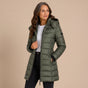 Women's quilted hooded longline puffer jacket with zip front and slanted pockets