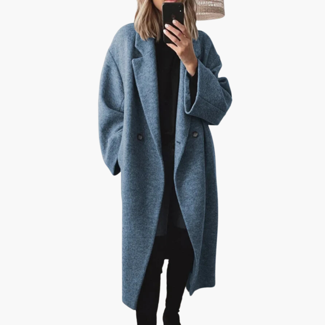 Women's longline collared coat with wide lapels, long sleeves and button details