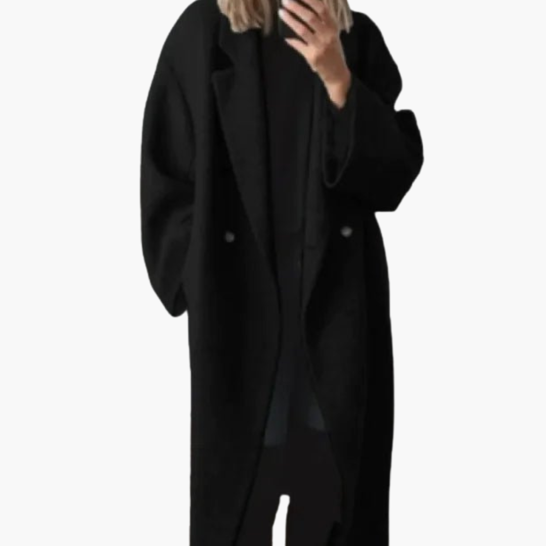 Women's longline collared coat with wide lapels, long sleeves and button details