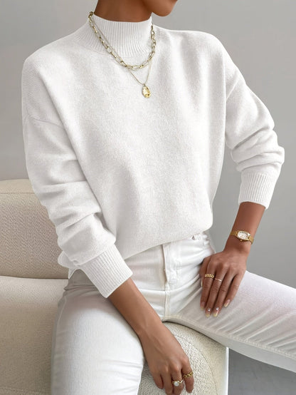 Women's relaxed mock turtleneck sweater with long sleeves and ribbed trims