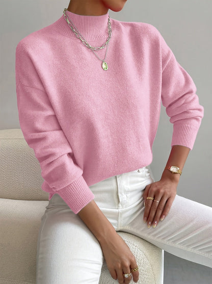 Women's relaxed mock turtleneck sweater with long sleeves and ribbed trims