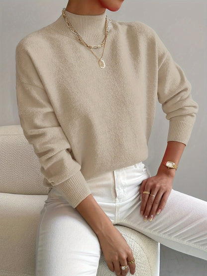 Women's relaxed mock turtleneck sweater with long sleeves and ribbed trims