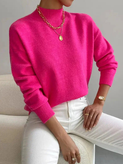 Women's relaxed mock turtleneck sweater with long sleeves and ribbed trims