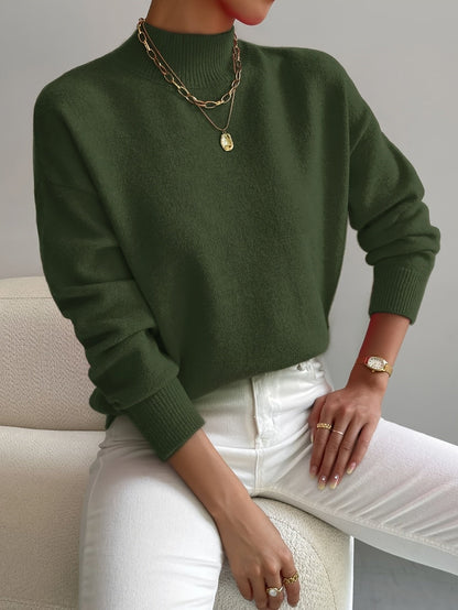 Women's relaxed mock turtleneck sweater with long sleeves and ribbed trims