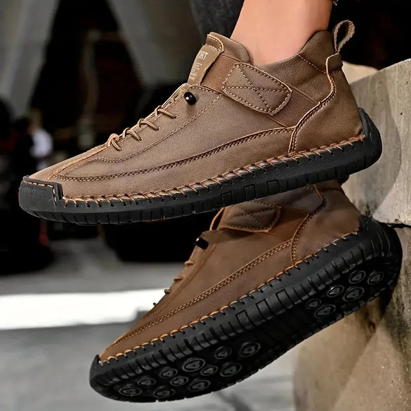 Women's casual lace-up sneaker with stitched panels and side strap