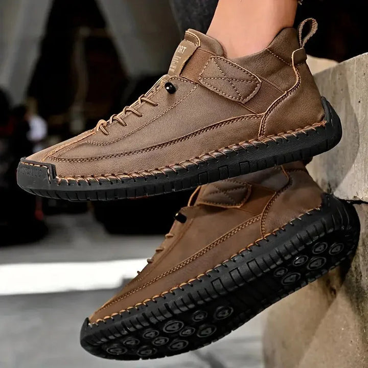 Women's casual lace-up sneaker with stitched panels and side strap