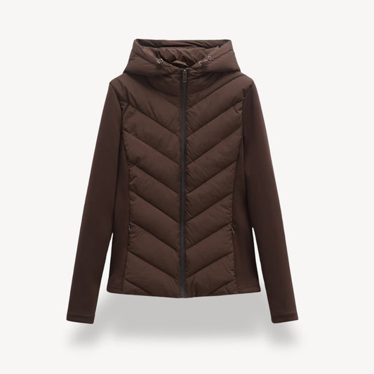 Women's hooded jacket with chevron quilted front and zip closure