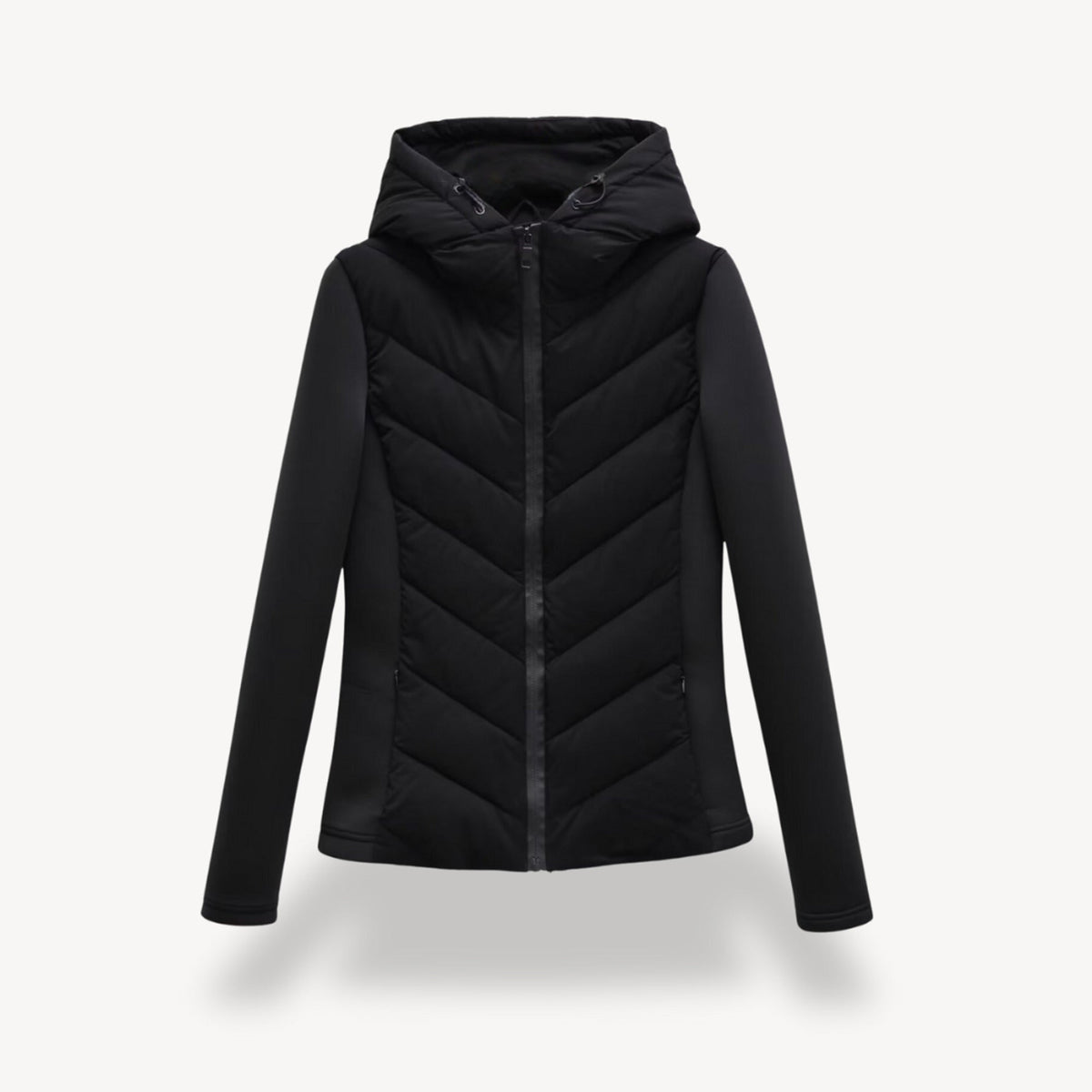 Women's hooded jacket with chevron quilted front and zip closure