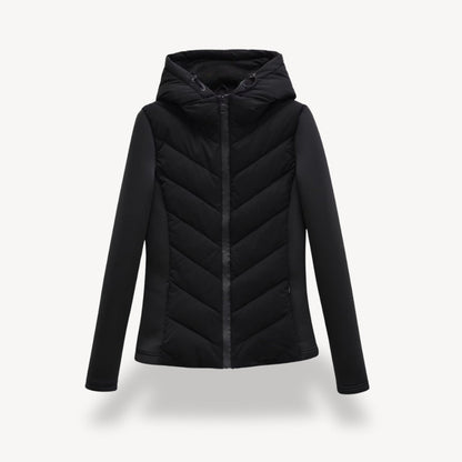 Women's hooded jacket with chevron quilted front and zip closure
